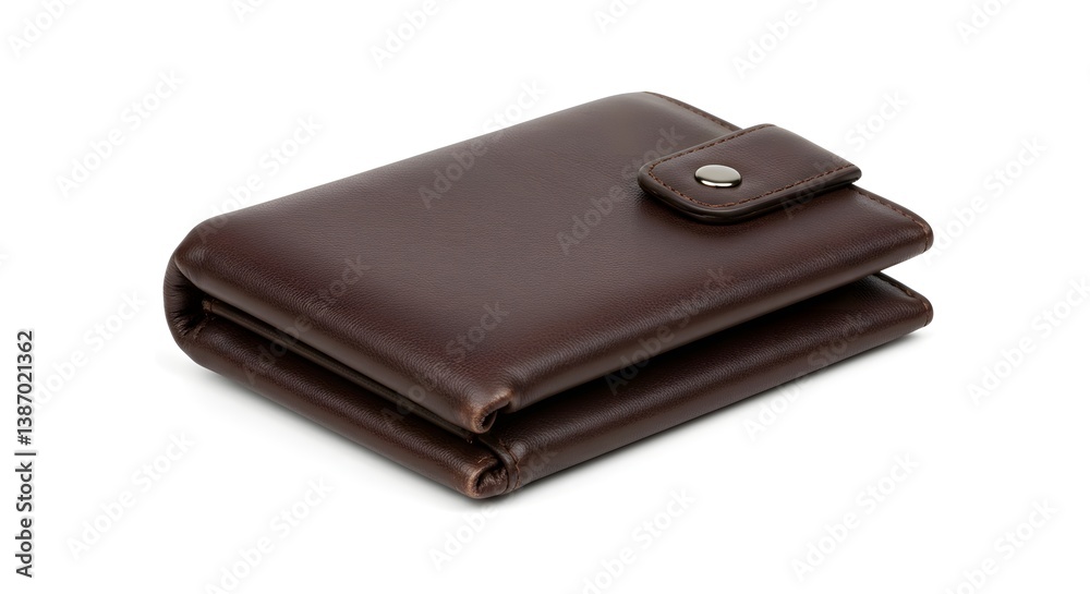 A brown leather bi fold wallet with a snap closure on a white background in a studio shot