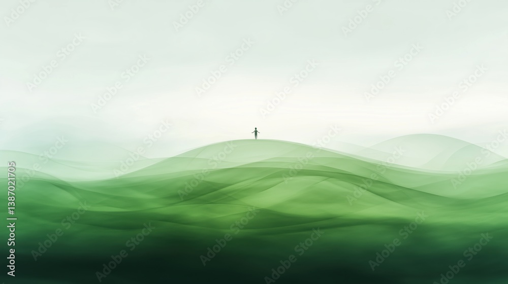 Obraz premium A solitary figure standing on rolling green hills under a soft, misty sky.