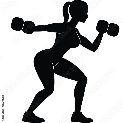 Silhouette Of Woman Exercising With Dumbbells Strong Workout Routine,