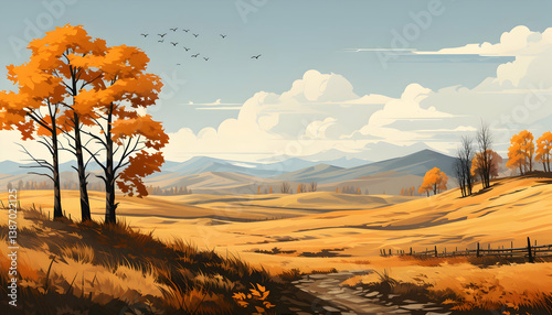 Golden Autumn Landscape With Rolling Hills and Pixel Art Trees in a Sunny Day Featuring Cloudy Sky Mountainous Horizon
