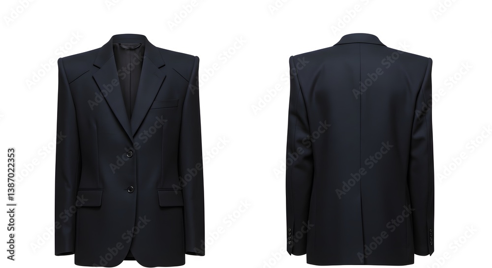 Front and back view of a dark blue blazer isolated on a white background for fashion presentation Front and back view of a dark blue blazer isolated on a white background for fashion presentation