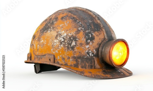 Rusty miner's helmet with lamp, isolated.  Safety, mining, industry