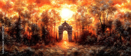 Golden Sunset Illuminating Forest Gateway with Stone Arch and Pathway Through Trees Creating a Warm and Serene Vista