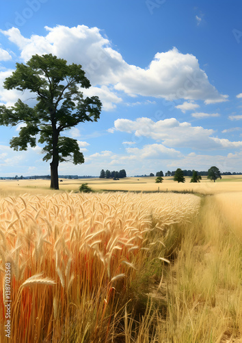 Golden Wheat Field with Solitary Green Tree Under Blue Sky with Puffy Clouds in Rural Landscape on Summer Day