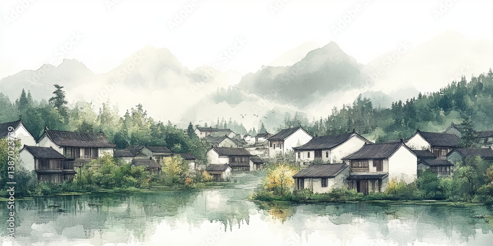 Naklejka premium Chinese traditional ancient architecture residential landscape art background 