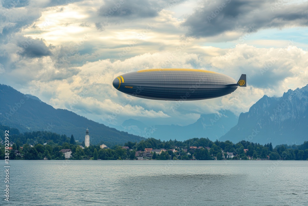 Fototapeta premium Soaring Above the Bodensee: Goodyear Blimp Zeppelin Gliding Over Germany and Austria