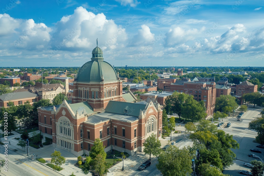 Obraz premium Aerial Perspective of Historic Downtown South Bend, Indiana: Afternoon Light on Iconic Brick Courthouse and Architectural Landmarks