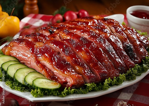 BBQ ribs on platter, festive table setting photo