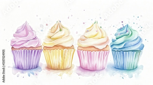 Four watercolors cupcake with different colour frosting on white background