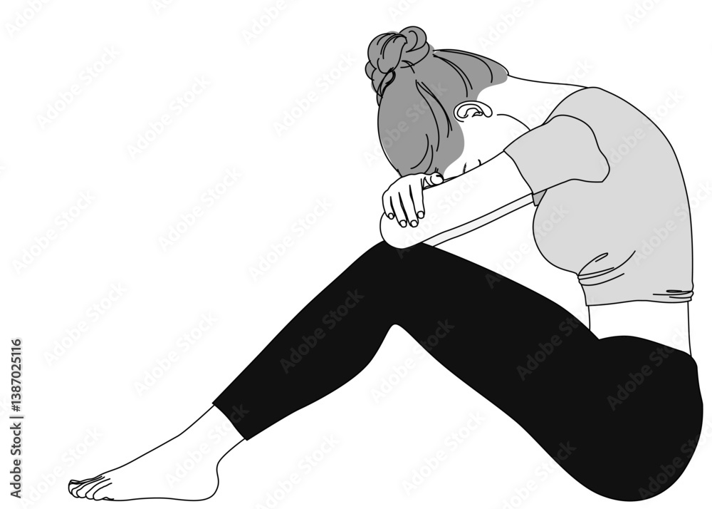 座って膝を立てて悩む 考える なく女性のイラスト 全身横向き