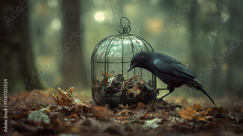 Black Crow Near Empty Birdcage in Dark Autumn Forest