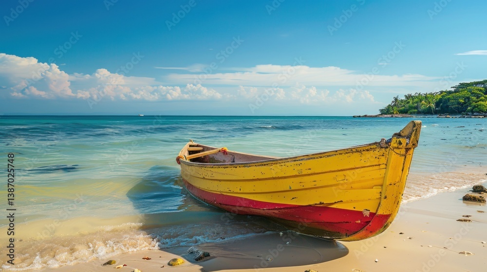 A traditional yellow and red boat is sitting on the beach A traditional yellow and red boat is sitting on the beach