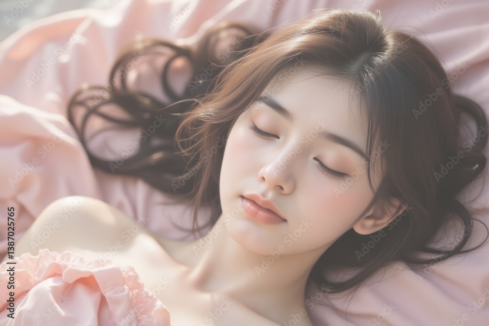 Serene Asian Woman Sleeping Peacefully on Pink Bedding - Beauty, Relaxation, Tranquility Serene Asian Woman Sleeping Peacefully on Pink Bedding - Beauty, Relaxation, Tranquility