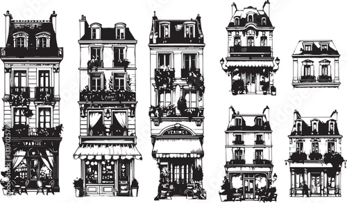 Set of Parisian charming storefronts silhouette vector hand drawn illustration set
