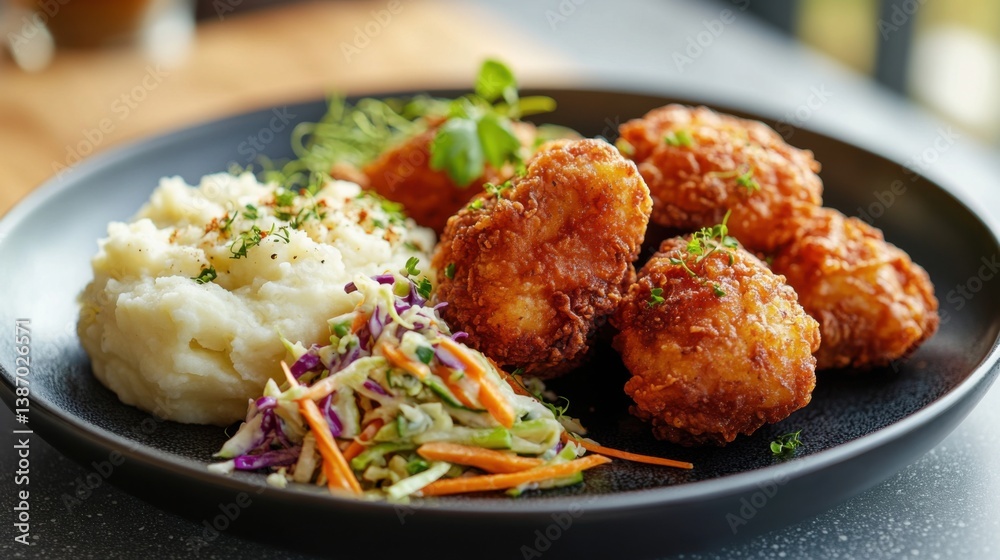 A plate of crispy fried chicken with mashed potatoes and gravy on a rustic table. Featuring indulgence and comfort A plate of crispy fried chicken with mashed potatoes and gravy on a rustic table. Featuring indulgence and comfort