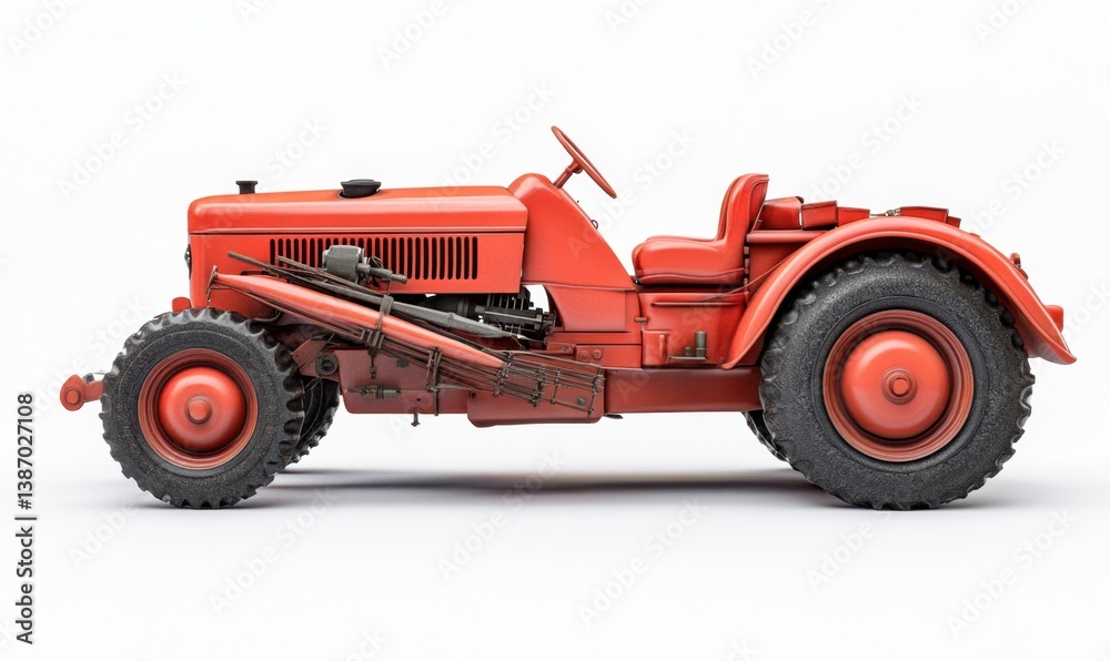Obraz premium Vintage red tractor, side view, white background, farm equipment, historical