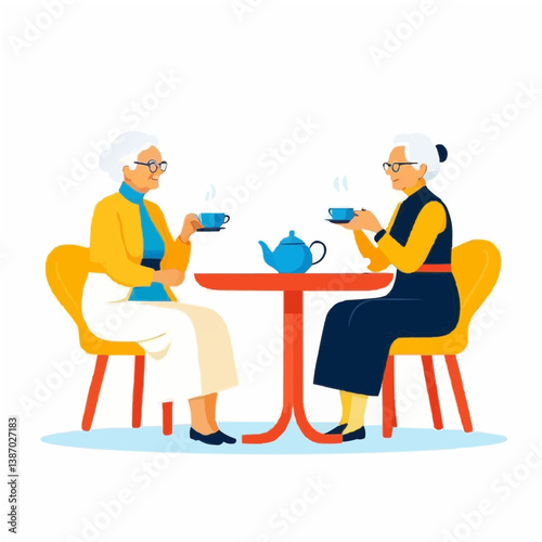 Senior couple having tea time together, elderly social activity vector illustration