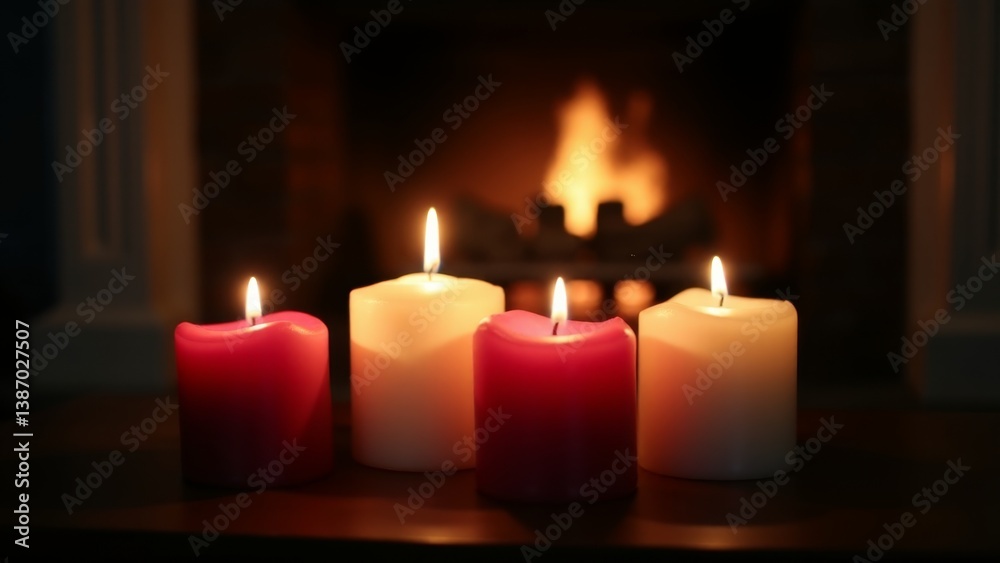 Four Candles Burning Before Fireplace At Night Four Candles Burning Before Fireplace At Night