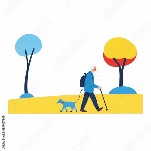 Senior walking dog in autumn park, elderly outdoor activity vector illustration