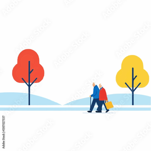 Elderly person with dog in winter landscape, senior seasonal walk vector illustration