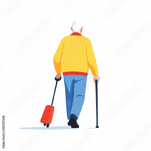 Elderly person with luggage and walking stick, senior travel vector illustration