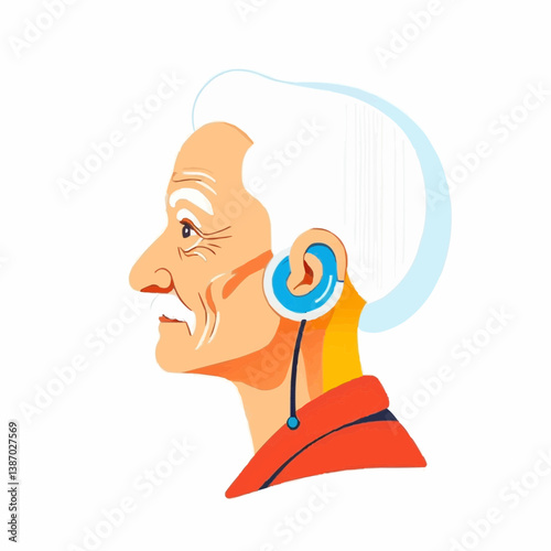 Senior man profile with hearing aid device, elderly healthcare vector illustration in red collar