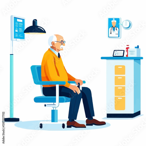 Elderly patient in yellow jacket at doctor's office, medical consultation vector illustration