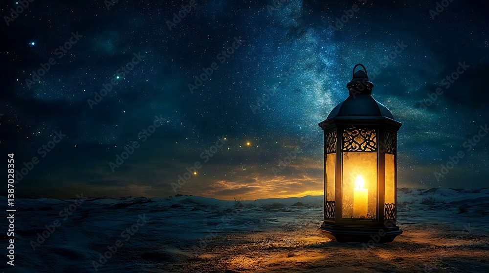 Fototapeta premium Glowing lantern under starry night sky