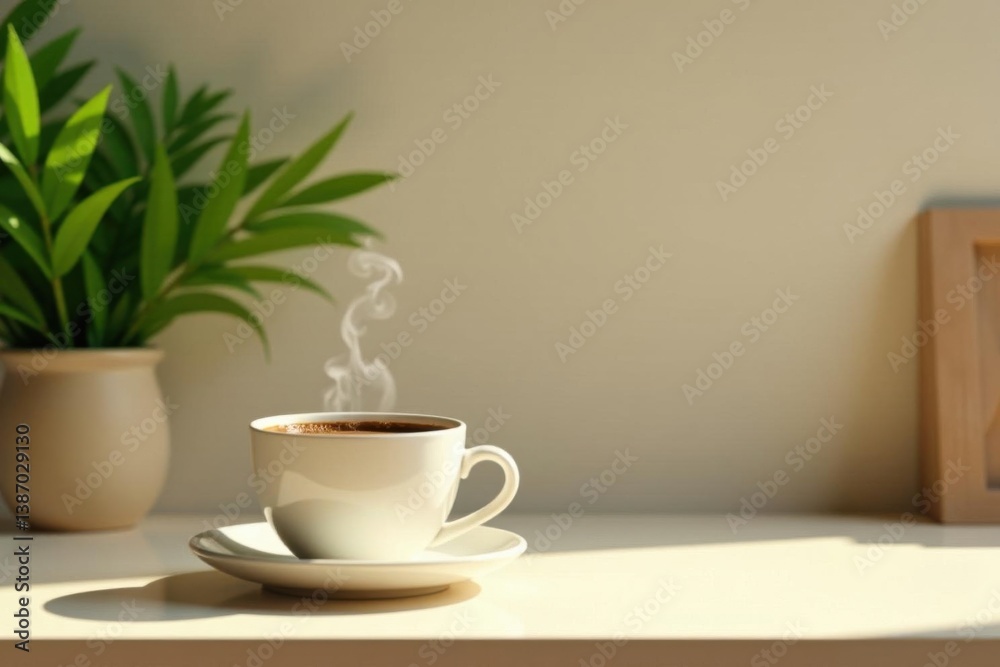 Aromatic Coffee Steam Rising in Morning Sunlight Beside Potted Plant on Table Aromatic Coffee Steam Rising in Morning Sunlight Beside Potted Plant on Table