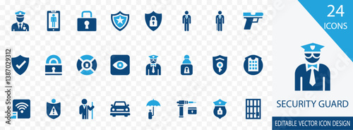 Security Guard vector icon set. containing Protection, Safety, Patrol, Officer, Camera, Secure and more icon collection  