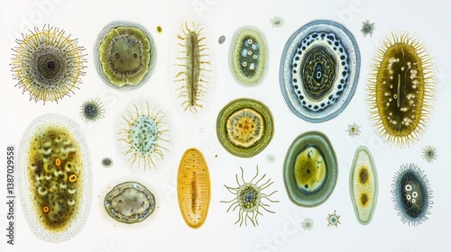Types of protists swimming water digitally illustrated with microscopic accuracy isolated on a white background photo