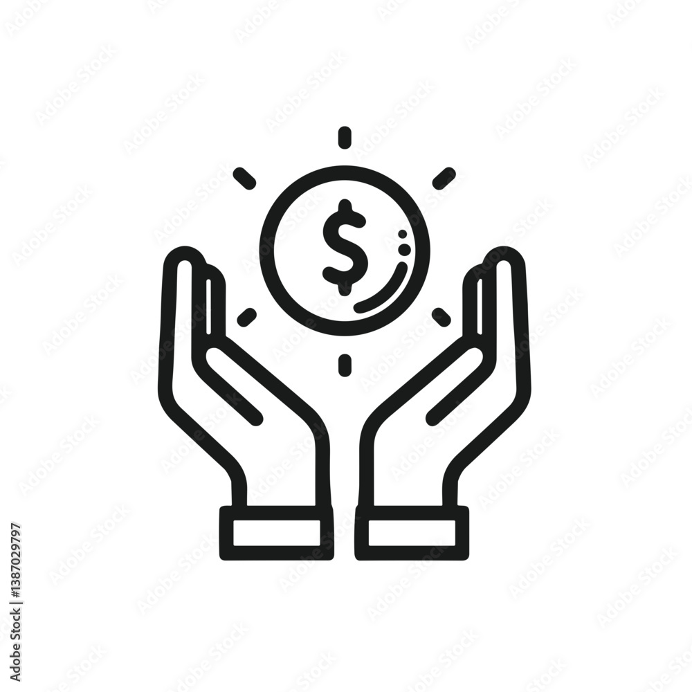 Investment protection icon with hands holding a coin in minimalistic style Investment protection icon with hands holding a coin in minimalistic style