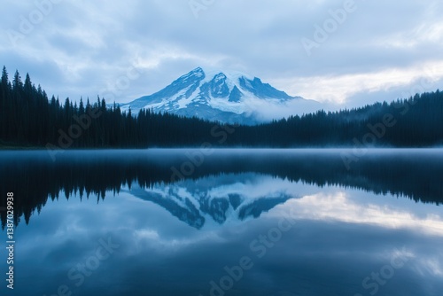 Stunning Dawn at Mt Rainier: Colorful Clouds Reflecting on a Calm Blue Lake with Fog Shrouded Forest