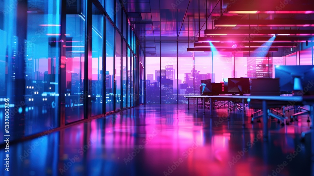 custom made wallpaper toronto digitalOffice interior open space with blurred panoramic window in colorful neon scene. AI generated image