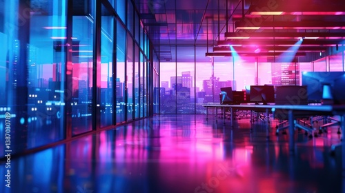 Wallpaper Mural Office interior open space with blurred panoramic window in colorful neon scene. AI generated image Torontodigital.ca