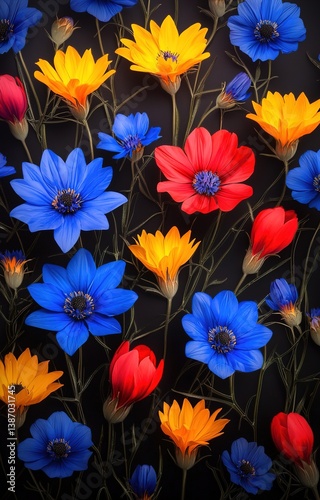 Intricate cornflowers, delicate blue against matte black , wallpaper, floral design isolated background 