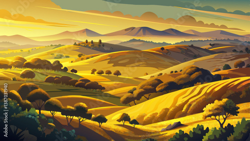 Rolling hills of shrubland glowing under the golden sunlight of late afternoon