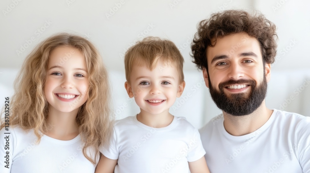 A happy family portrait shows a father with a beard and two smiling children. The girl has long blonde hair, and the boy has short light brown hair. They wear white shirts. The image is well-lit, hi A happy family portrait shows a father with a beard and two smiling children. The girl has long blonde hair, and the boy has short light brown hair. They wear white shirts. The image is well-lit, hi