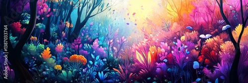 Colorful abstract forest scene with bright light and trees.