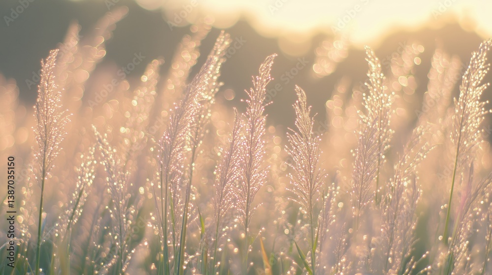 Fototapeta premium Delicate grass blades glistening with morning dew in soft sunlight.