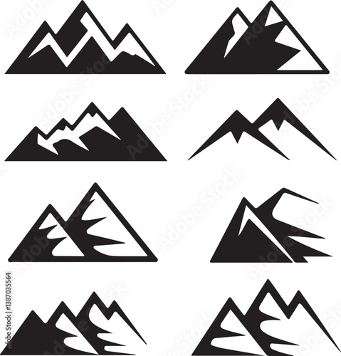 Diverse mountain icons depict various peaks and ranges