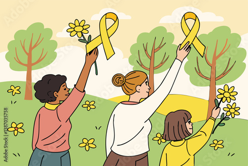 People raising yellow ribbons and flowers for support and awareness