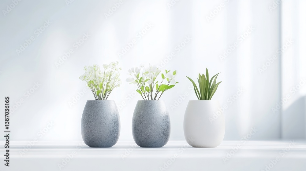 Three potted plants Minimalist style Bright soft lighting Horizontal close-up view Smooth textures Home decor display Bright window backdrop Serene calming mood Ideal for home design blogs Three potted plants Minimalist style Bright soft lighting Horizontal close-up view Smooth textures Home decor display Bright window backdrop Serene calming mood Ideal for home design blogs