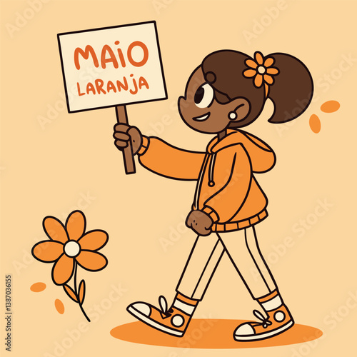 Child holding orange ribbon and flower for maio laranja campaign