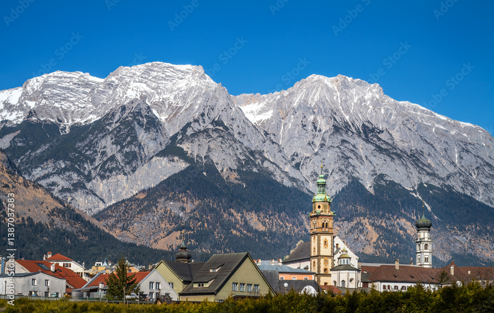 Cityscape of Hall in Tirol and the Karwendel mountain range