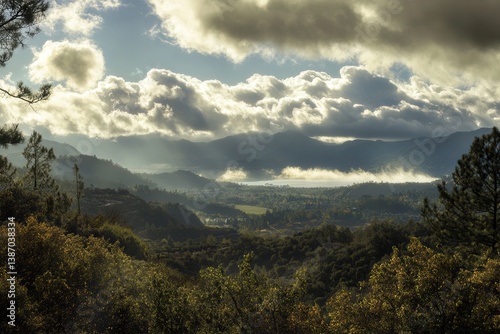 Autumn Vista of Howell Mountain: Napa Valley Vineyards and Lakes Under a Cloudy Sky photo