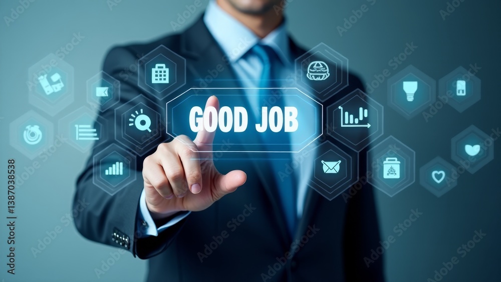 Man Touching Good Job Virtual Button