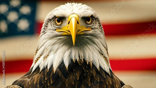 Close-up portrait of a majestic bald eagle with striking gaze, against a backdrop with blurred stripes, symbol of freedom