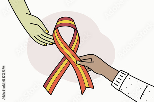 Supporting awareness and hope: ribbon held by hands