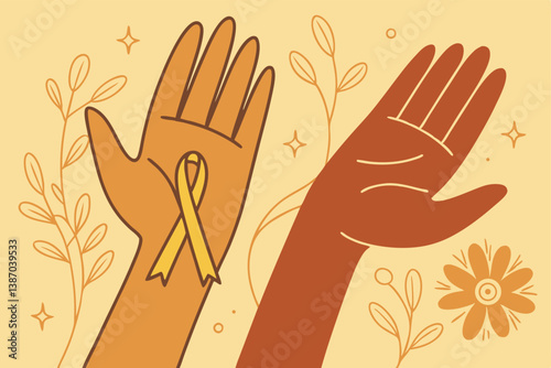 Supporting awareness and hope: ribbon held by hands